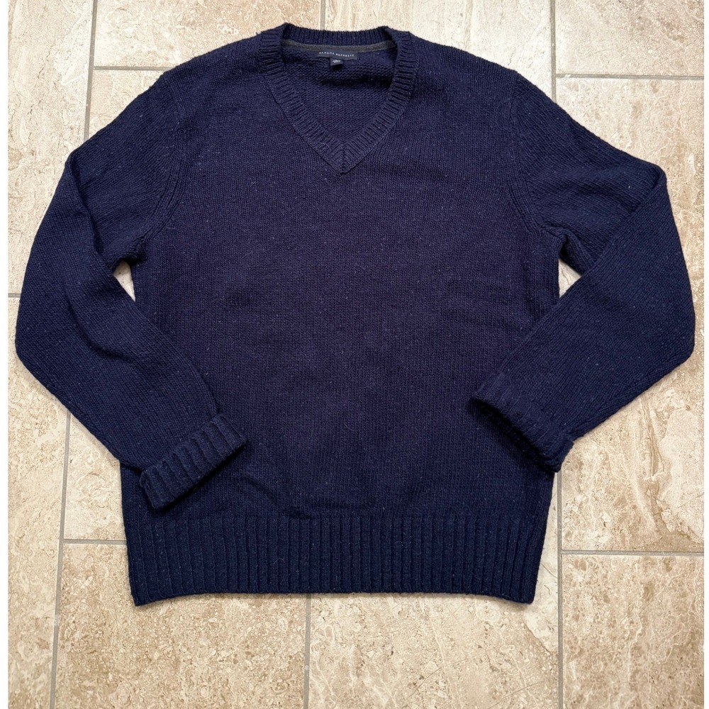 Banana Republic Mens Navy Blue V-Neck Lambswool Blend Knit Sweater Large L